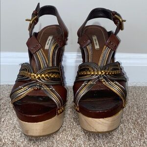 Miu Miu Brown and Gold Platform Sandals with Woven Straps
